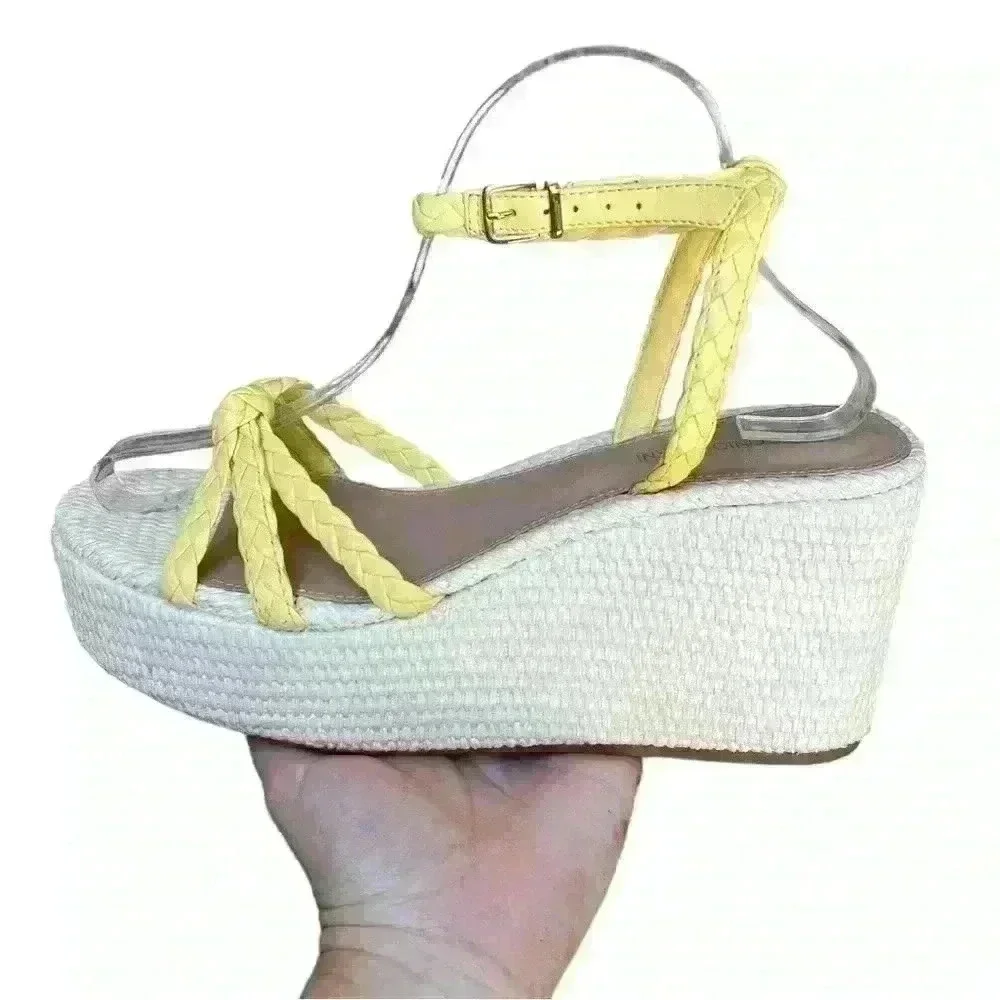 Antonio Melani Yellow Braided Leather Stacked Wedge Sandals 9.5